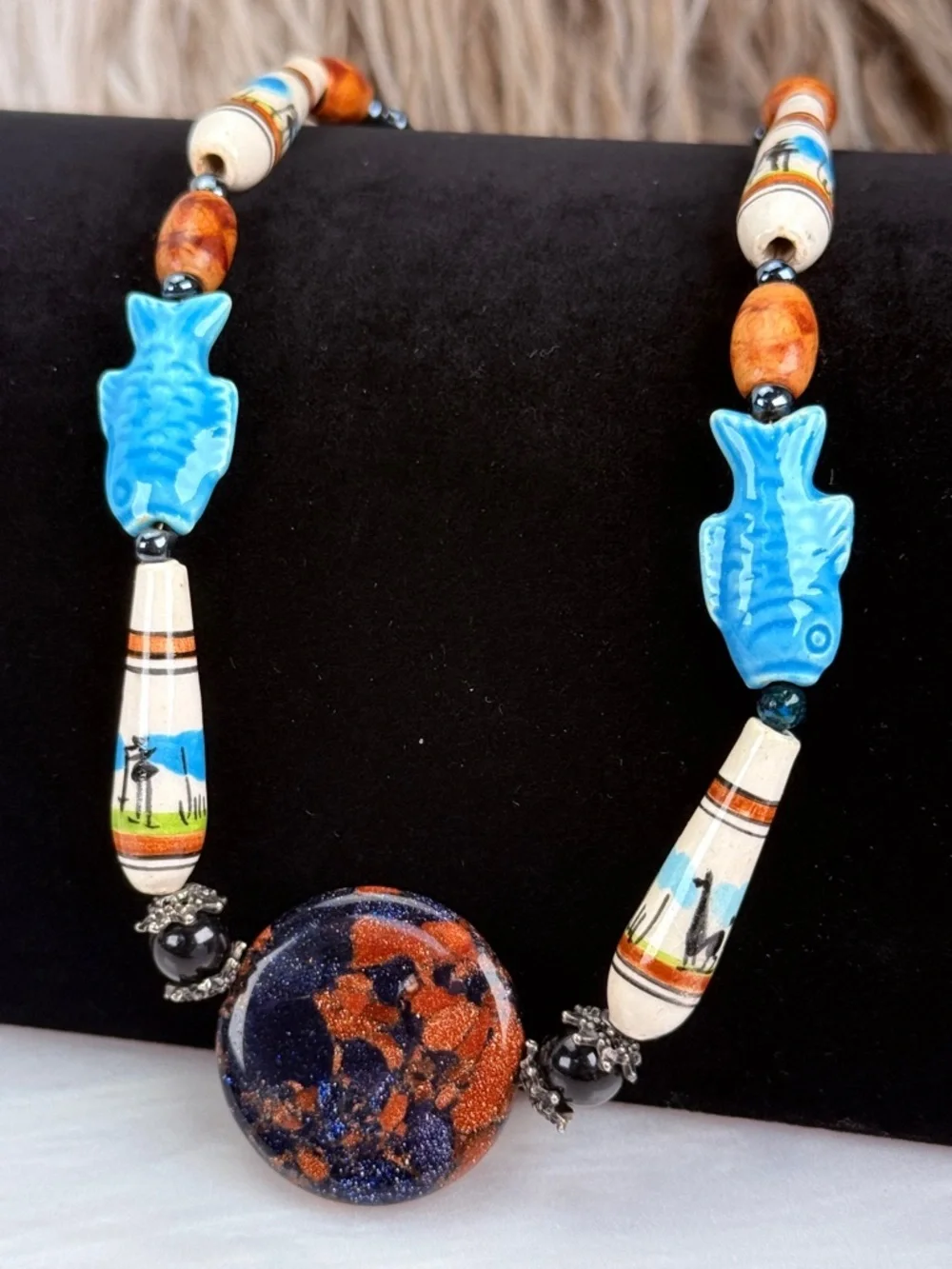 Vintage bohemian tribal island chic painted necklace